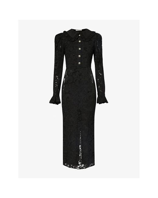 Alessandra Rich Black Floral-lace Split-hem Cotton-blend Midi Dress