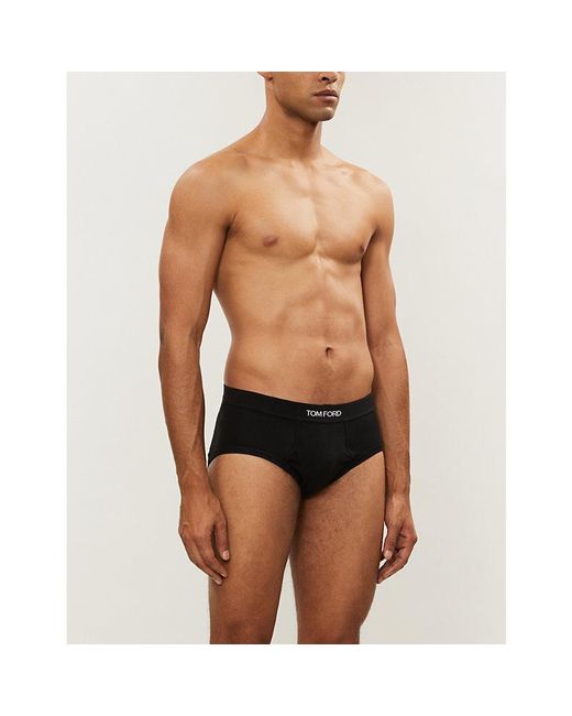 Tom Ford Black Logo-Print Slim-Fit Stretch-Cotton Briefs for men