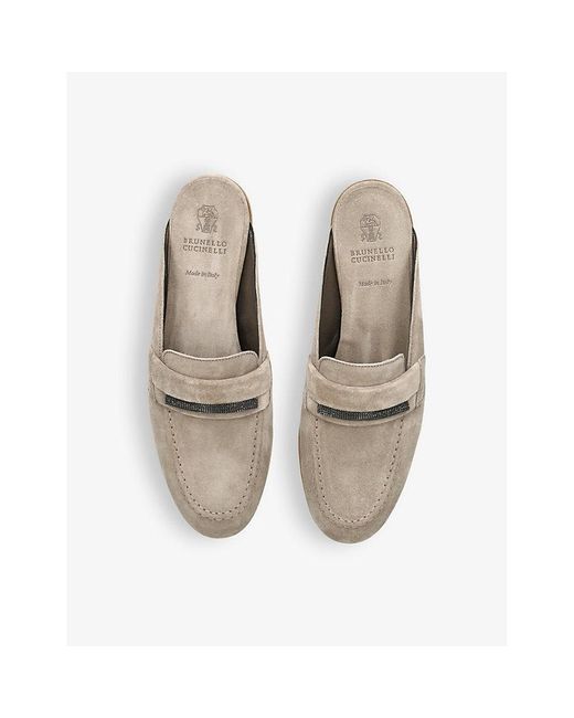 Brunello Cucinelli Natural Bead-embellished Backless Suede Penny Loafers