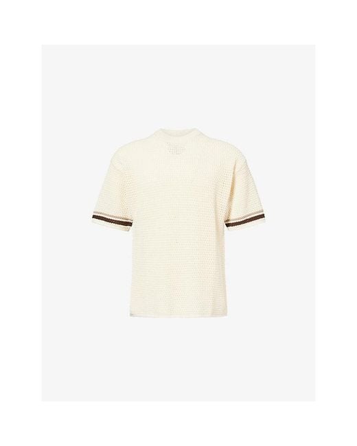 The Couture Club Natural Striped-Cuff Crewneck Cotton-Crochet T-Shirt for men