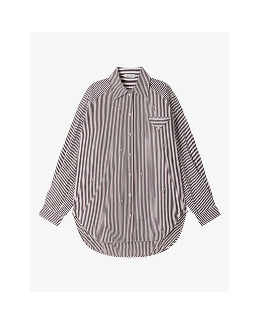 Sandro Gray Striped Rhinestone-Embellished Oversized Cotton Shirt
