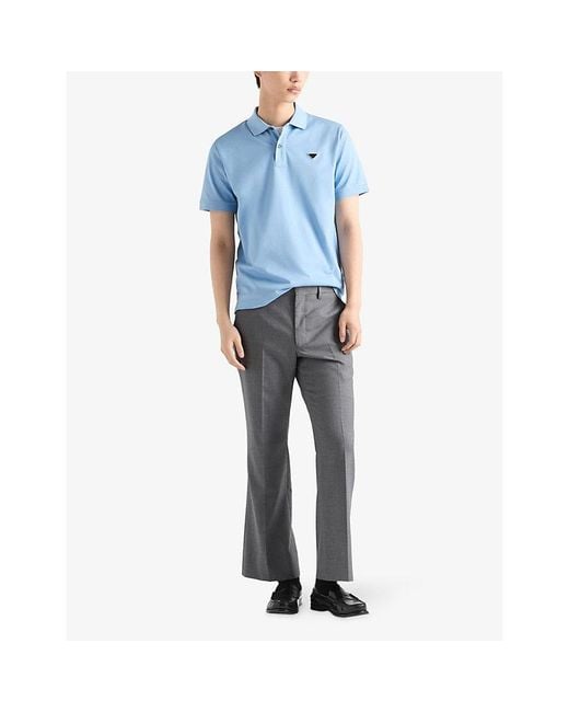 Prada Blue Triangle-Logo Cotton-Piqué Polo Shirt for men