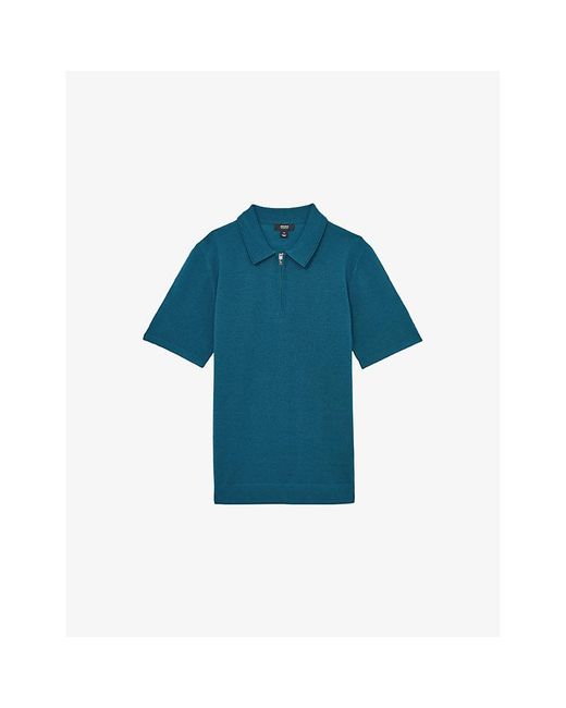 Reiss Blue Maxwell Half-Zip Short-Sleeve Merino-Wool Polo for men