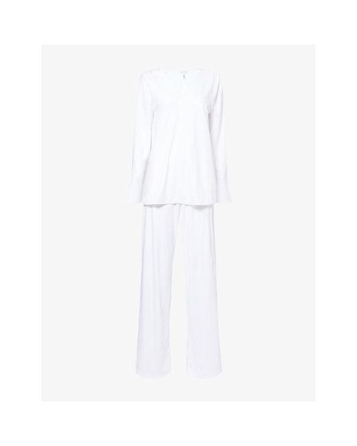 Hanro White Long-Sleeves Straight-Leg Cotton-Jersey Pyjama Set