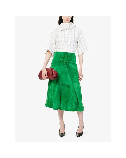 Bottega Veneta Green Wrap-Front A-Line Suede Midi Skirt