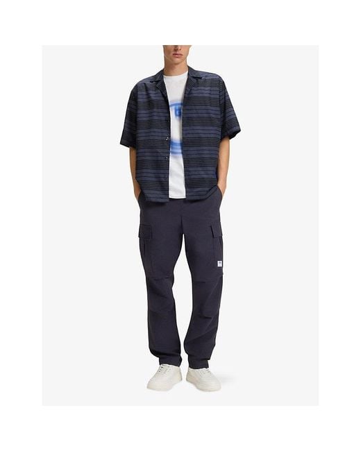 HUGO Blue Logo-Patch Elasticated-Waist Cotton Cargo Trousers for men
