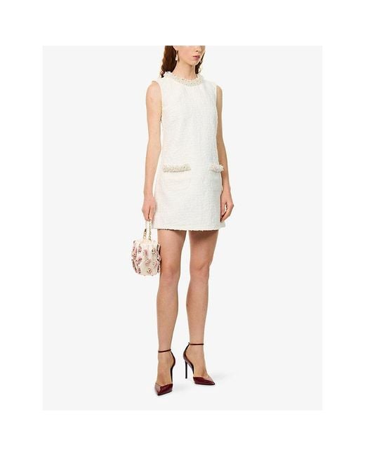 Self-Portrait White Pearl-Embellished Denim Cotton Mini Dress