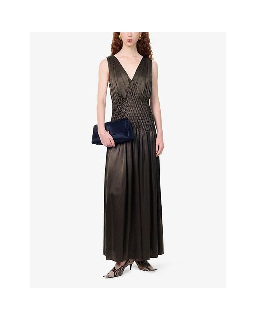 Khaite Brown Nola Smocked-Waist Silk Maxi Dress