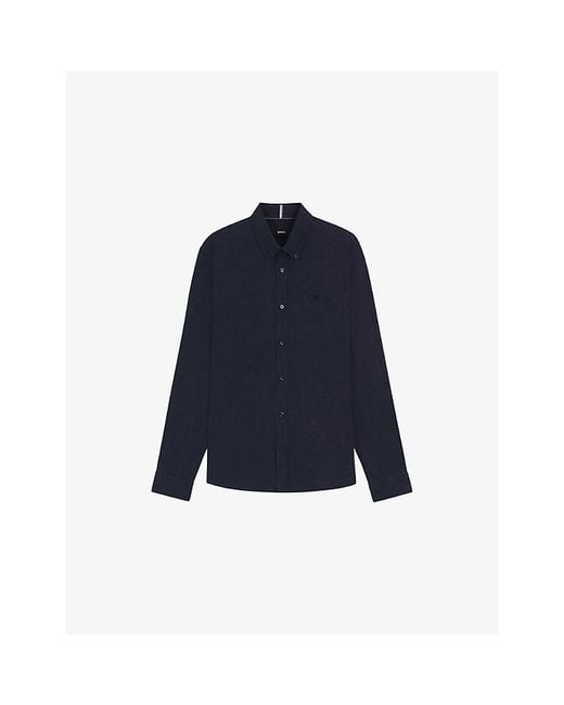 Boss Blue Logo-Embroidered Slim-Fit Linen Shirt for men
