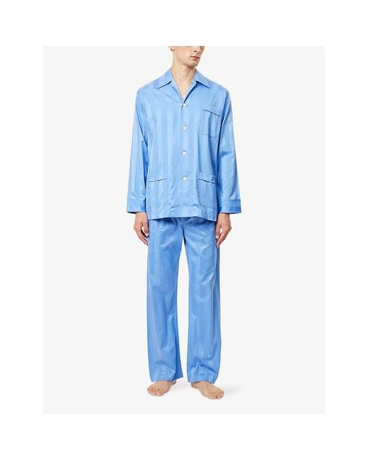 Derek Rose Blue Lingfield Striped Cotton Pyjama Set for men