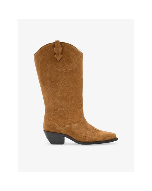 AllSaints Brown Dolly Western Embroidered Suede Knee-High Heeled Boots