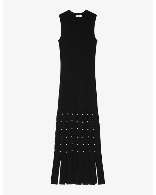 Sandro Black Fringe Studded Stretch-knit Maxi Dress