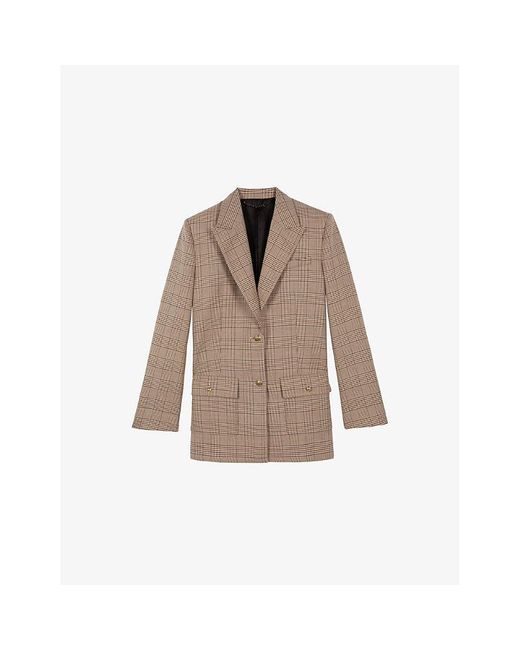 The Kooples Brown Single-Breasted Check Cotton-Wool Blend Blazer