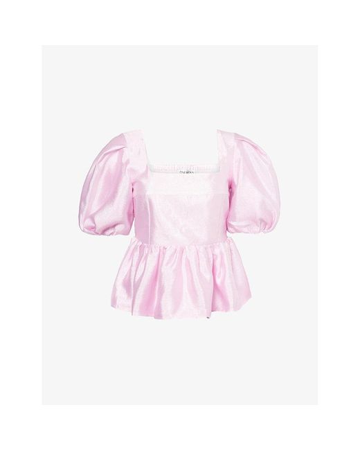 Stine Goya Pink Puff-Sleeve Peplum-Hem Woven Top