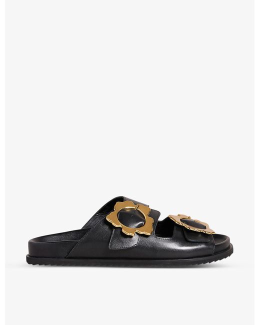 Ted Baker Magnolia Floral-buckle Leather Sandals in Black | Lyst