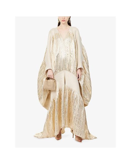 Dima Ayad Natural Metallic V-Neck Woven Kaftan