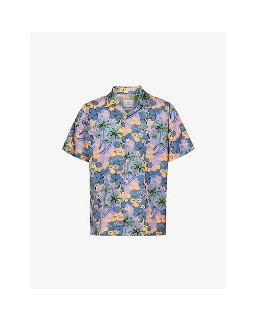 PS by Paul Smith Blue Floral-print Camp-collar Cotton-blend Shirt X for men