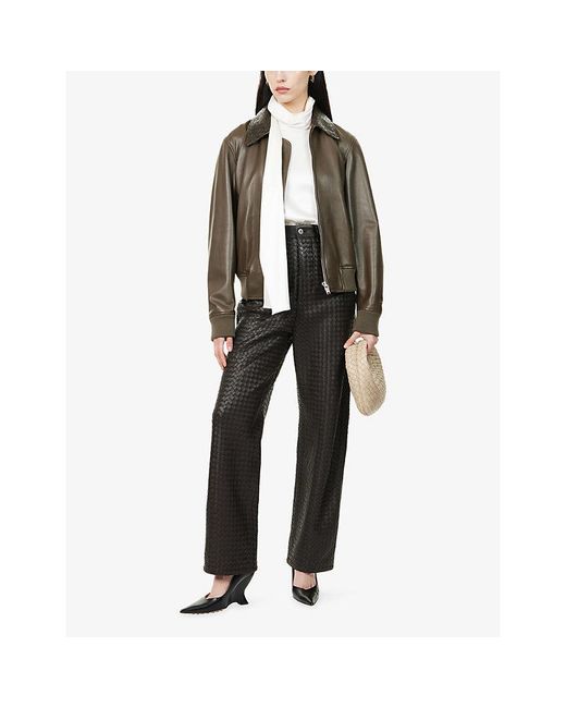 Bottega Veneta Brown Intrecciato-Collar Leather Bomber Jacket