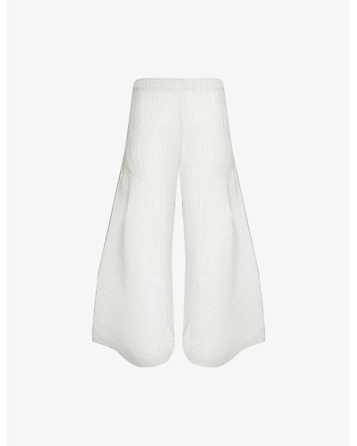 Pleats Please Issey Miyake White Pleated Wide-leg Knitted Trousers