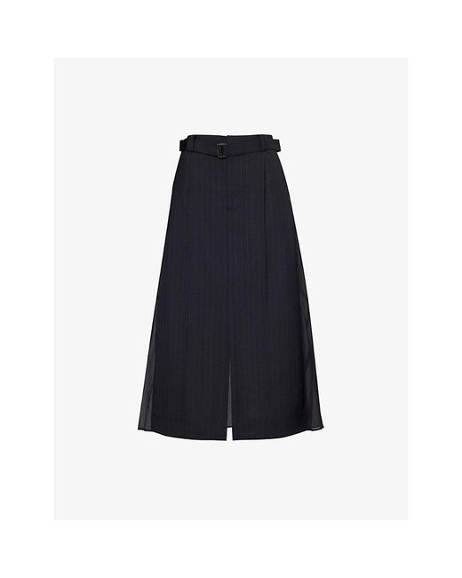 Sacai Blue Pinstripe-pattern A-line Woven Midi Skirt