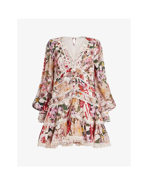 AllSaints Multicolor Zora Leondra Floral-print Lace-trim Woven Mini Dress