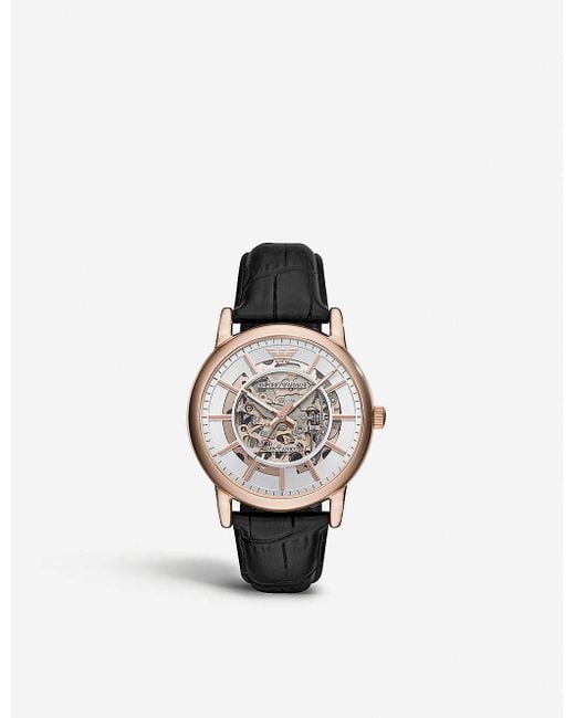 Emporio Armani Metallic Ar60007 Skeleton Stainless Steel Rose Gold-plated Automatic Leather Strap Watch for men