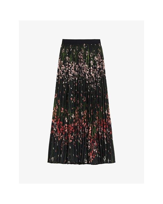 Ted Baker Black Enricaa Floral-print Pleated Woven Midi Skirt