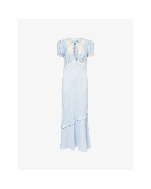 Self-Portrait Blue Puff-Sleeve Lace-Insert Satin Midi Dress