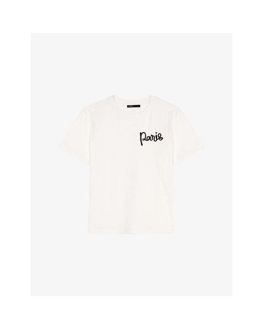 Maje White Paris-Embroidered Regular-Fit Cotton-Jersey T-Shirt