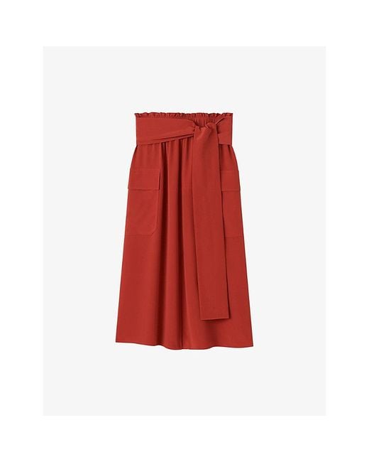 Joseph Red Charai Belted Silk Midi Skirt