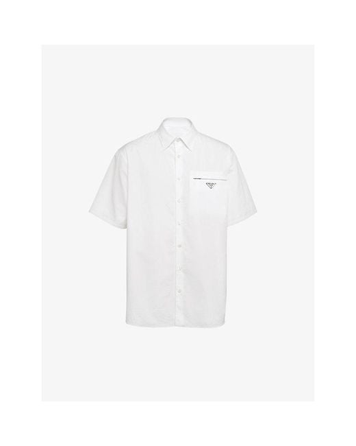 Prada White Brand-Plaque Short-Sleeved Regular-Fit Cotton Shirt for men