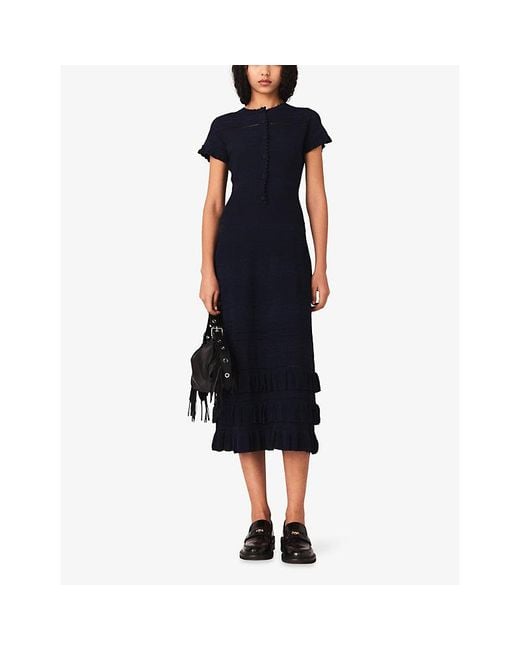 Maje Blue Ruffled Knitted Maxi Dress