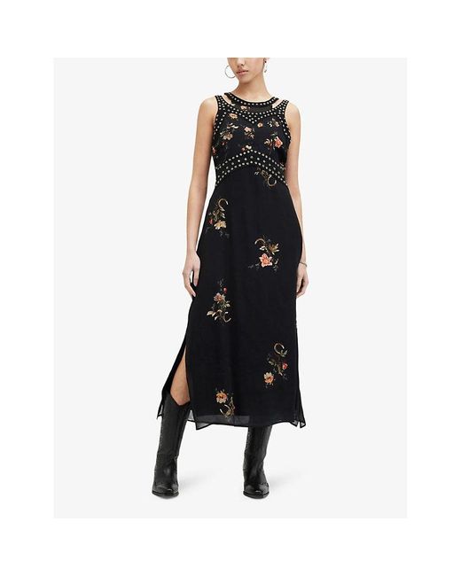 AllSaints Black Jessie Tanana Floral-print Stud-embellished Woven Midi Dress