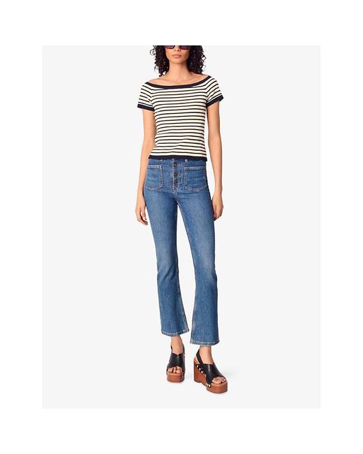 Maje Black Boat-Neckline Stripe Ribbed-Knit Top