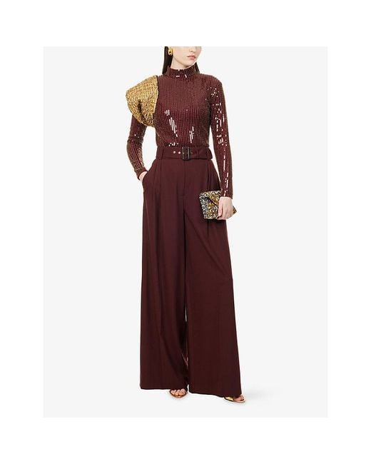 Dima Ayad Red Studded Sequin High-Neck Woven Top