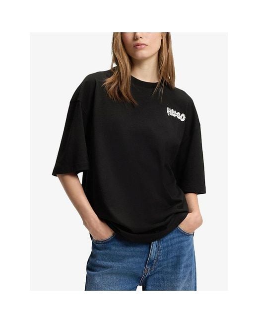 HUGO Black Brand-Print Relaxed-Fit Cotton-Jersey T-Shirt for men