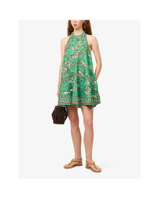 ALÉMAIS Green Fish Sticks Printed Linen Mini Dress