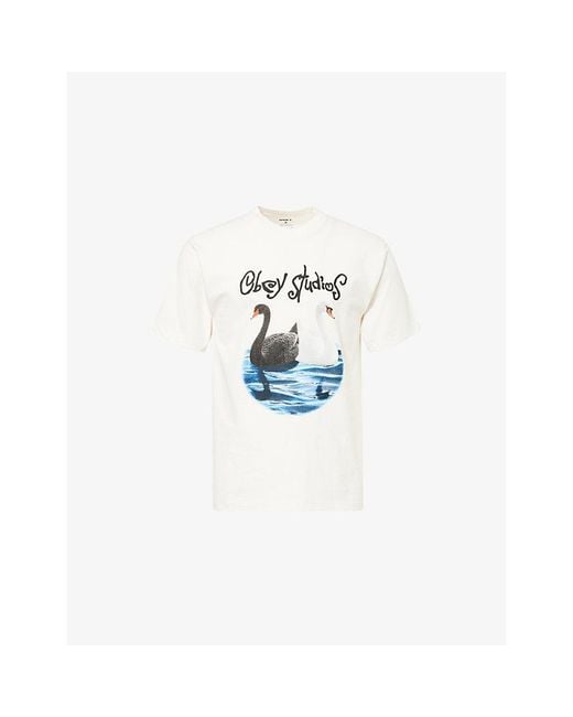 Obey Blue Swan-Print Crew-Neck Cotton T-Shirt for men