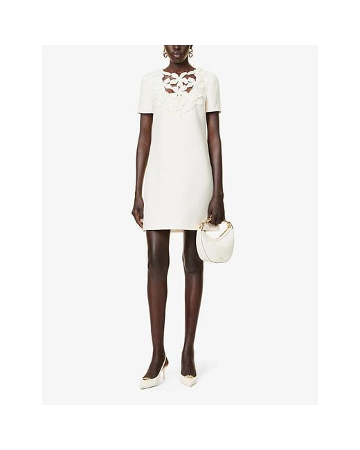Valentino Garavani White Floral-embellished Wool And Silk-blend Mini Dress