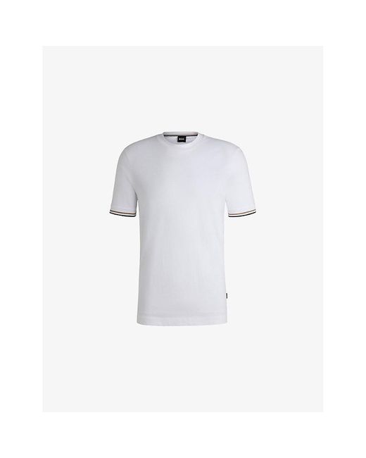 Boss White Striped-Trim Regular-Fit Cotton-Jersey T-Shirt for men
