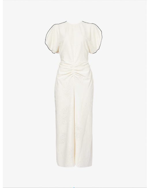 Victoria Beckham White Floral-print Gathered Cotton-blend Midi Dress