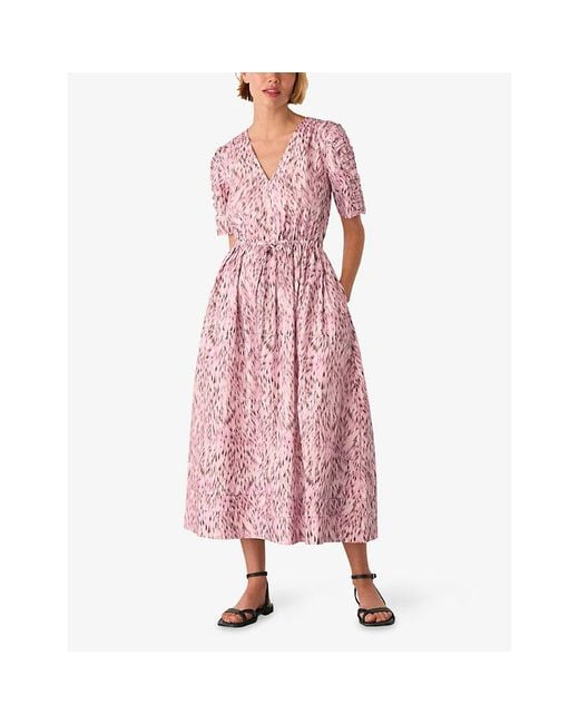 Whistles Pink Leopard-Print V-Neck Cotton Midi Dress