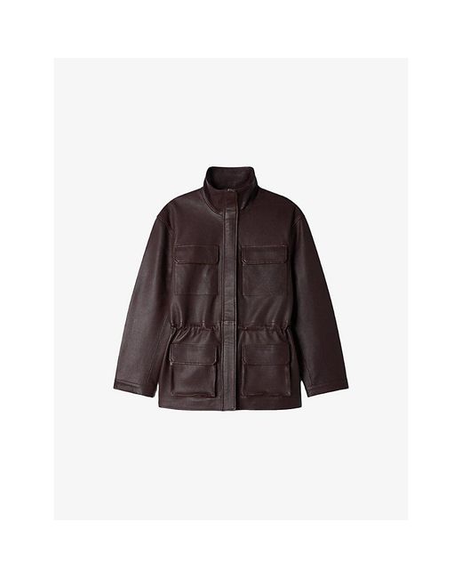 Sandro Brown High-Neck Four-Pocket Leather Jacket