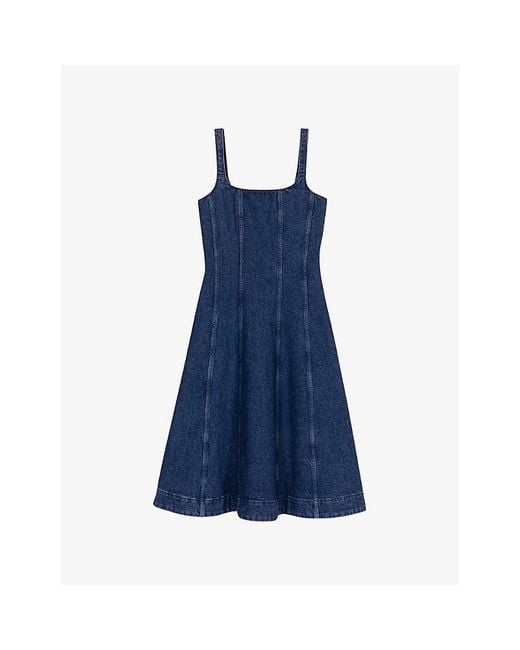 Maje Blue Round-Neck Flared-Skirt Sleeveless Stretch-Denim Midi Dress