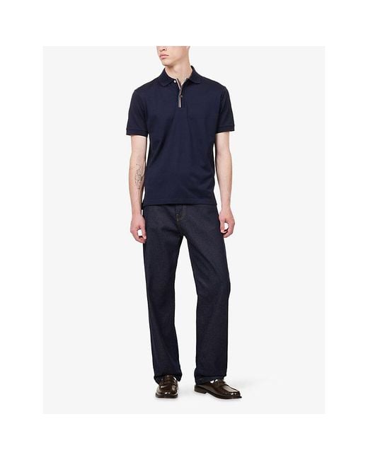 Paul Smith Blue Stripe-Trim Short-Sleeve Cotton Polo T-Shirt for men