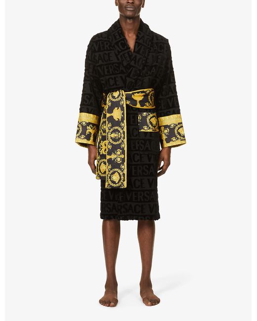 Versace Logo And Baroque-print Cotton-terry Dressing Gown in Black ...
