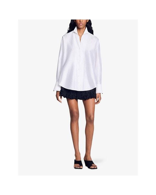 Sandro White Oversized Pointed-Lapel Silk Shirt