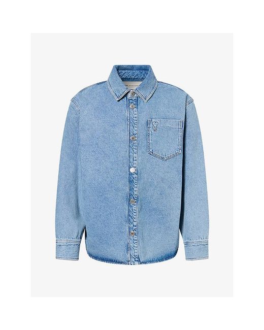 AMI Blue Embossed-Logo Patch-Pocket Denim Shirt for men