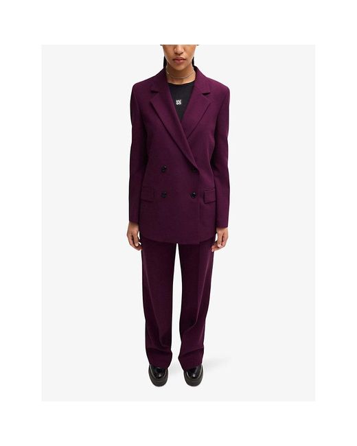 HUGO Purple Double-Breasted Relaxed-Fit Stretch-Woven Blazer