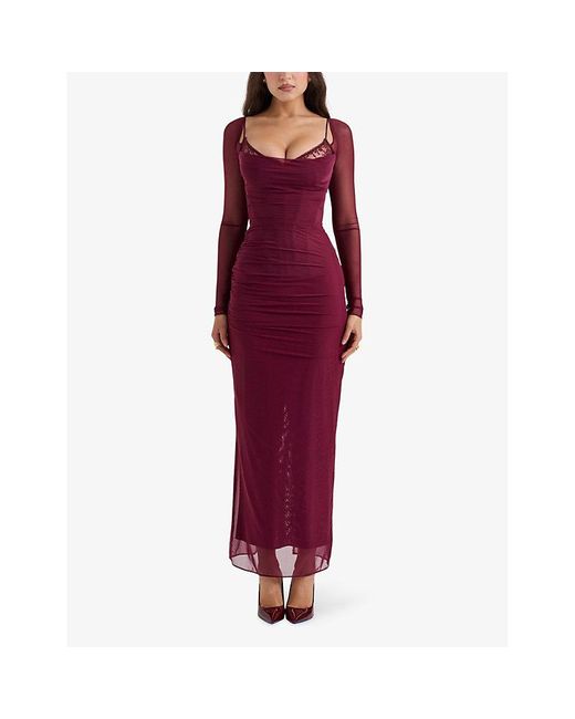 House Of Cb Red Katarina Corseted Stretch-Woven Maxi Dress